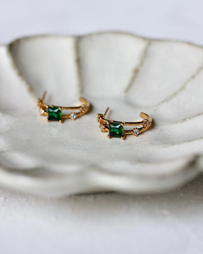 Square Emerald Stone Hoops