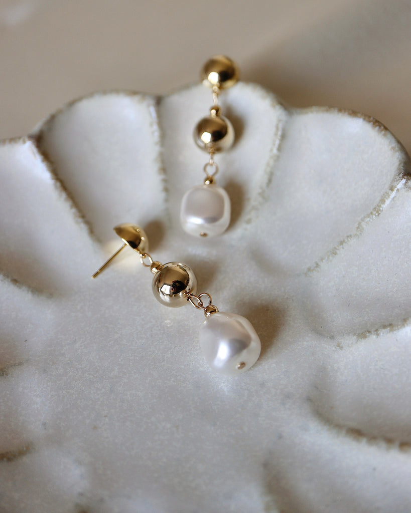 Gold Ball and Baroque Pearl Drop Earrings